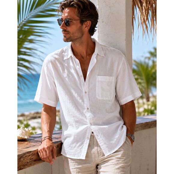 Other - Robert Stock Men's L White Ramie Cotton Button Up Shirt Short Sleeve Beach